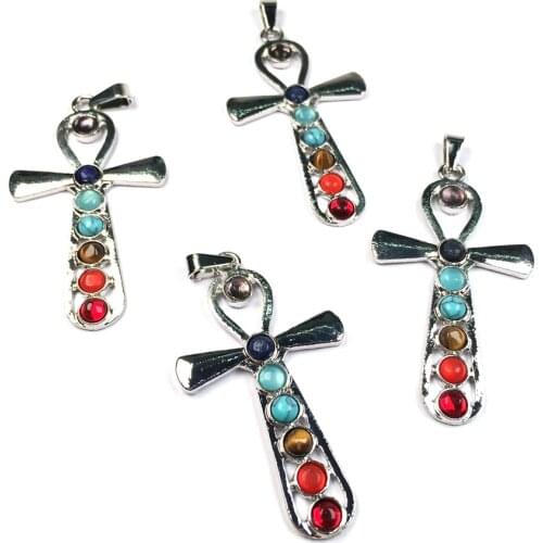 Natural Stones Reiki 7 Chakra Stones Pendants Health Amulet Cross shape Pendant for Jewelry Making DIY Necklaces Accessories