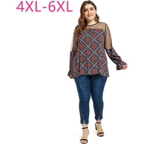 New 2021 spring autumn plus size tops for women large blouse casual loose long sleeve lace print transparent shirt 4XL 5XL 6XL