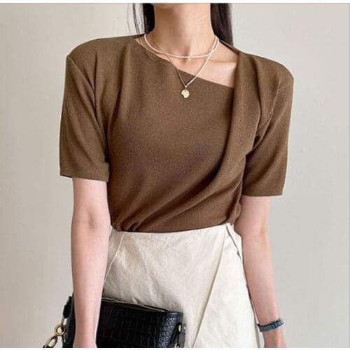 O Nekc Pullover Short Sleeve Blouse Women Work office Lady Draped Design Blusas Summer 2021 New Simple Shirt