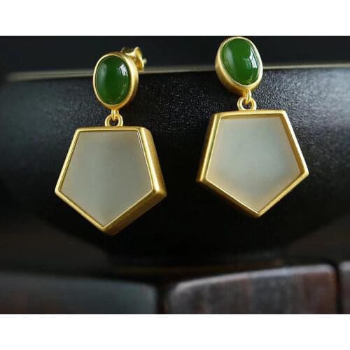 S925 Sterling Silver Natural Hetian Jade White Jade Geometric Ear Studs Womens Retro Style Fashion Fashion High Sense Silver Ac