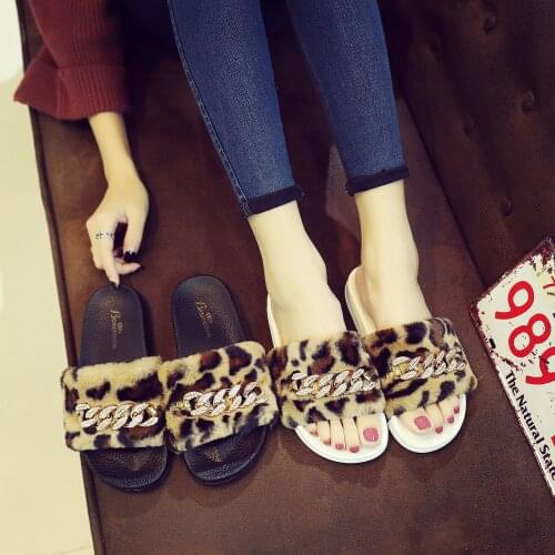 Leopard Color Plush Slippers Fashion Open Toe Solid Color Womens Sandals Metal Chain Outdoor Casual Womens Shoes