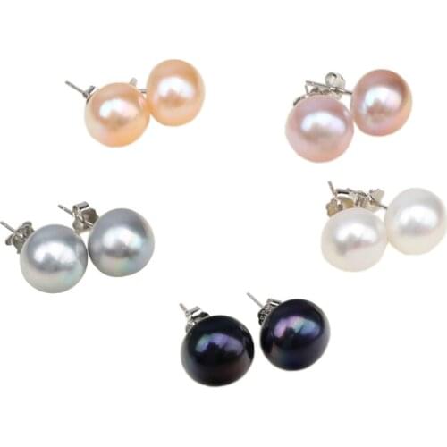 Simple classic allergy free solid 925 silver stud 8-9mm natural real pearl white peach purple gray black lady daily earring