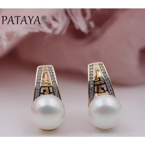 PATAYA New Two-color 585 Rose Gold Micro-wax Inlay Natural Zircon Sea Shell Pearls Earrings Women Wedding Party Hollow Jewelry
