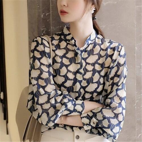 Chiffon Women Shirts Elegant Office OLStyle Print Polo-Neck Long Sleeve Blouses Femme Stylish Spring Summer Tops Blusesr MM0810