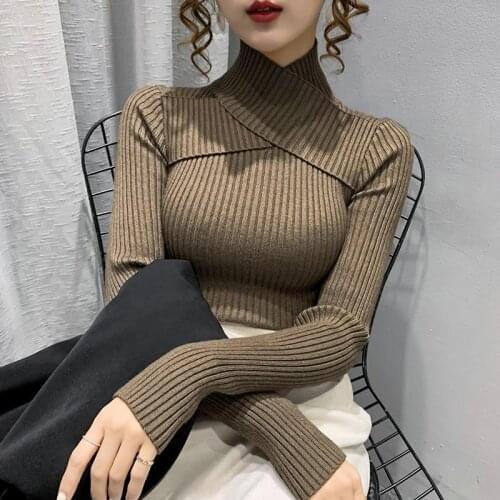 Korobov Korean Thick Turtleneck Sweaters 2021 New Fashion Basics Sueter Mujer Sexy Cross Long Sleeve Solid Autumn Jumper Femme
