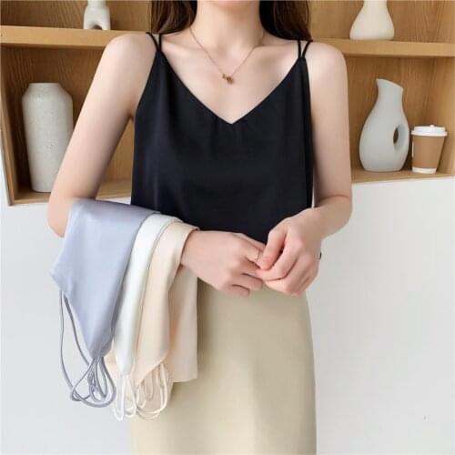 Spaghetti Strap Top Women Blouse Halter V Neck Basic Cami Sleeveless Satin Silk Tank Top Summer 2021 Camisole Blusa Dropshipping