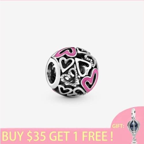 2021 Spring 100% 925 Sterling Silver Beads Pink Openwork Freehand Heart Charm fit Original Pandora Bracelets Women DIY Jewelry