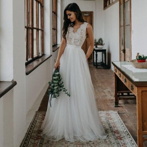 Vintage Lace A Line Wedding Dress 2021 Bohemian Prom Tulle Bride Summer Formal Robes Long Simple Party Dresses