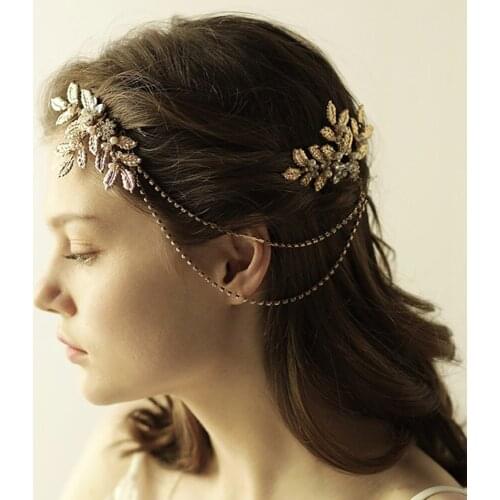 Vintage Gold Leaves Rhinestones Pearl Head chain Prom make up party for women comb Wedding Headband Bridal Hair Accessories