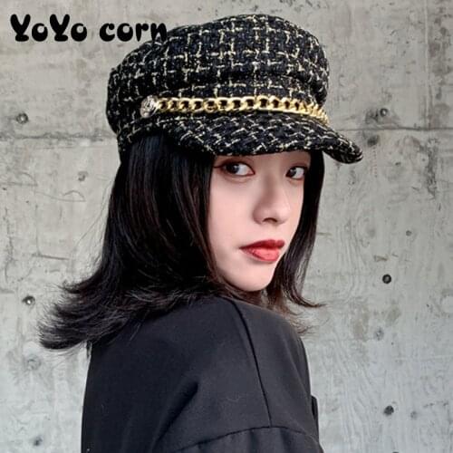 YOYOCORN Chain octagonal cap woman small fragrance flat top navy newspaper bean hat girl cap plaid British retro hipster beret