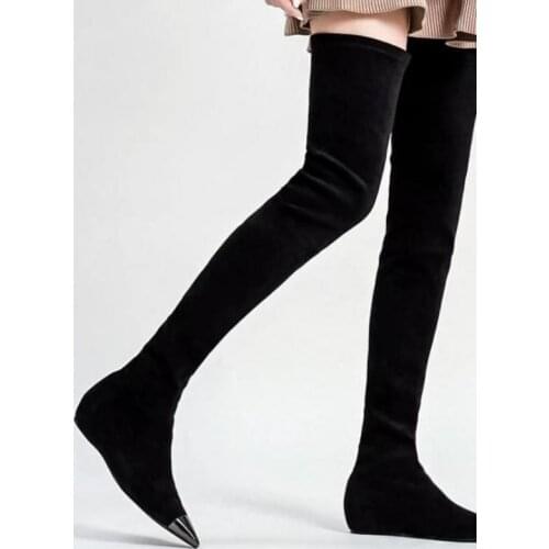 High Tube Elastic Boots Flat Bottom Pointed Toe Increased Internal Wedges Suede Long Boots Over The Knee Boot Shoes Woman Botas