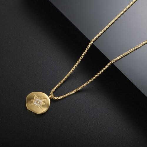ZMFashion Simple Six-pointed Star Irregular Coin Pendant Necklace Stainless Steel Crystals Clavicle Chain Jewelry For Women Men