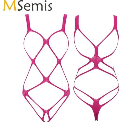 MSemis Women Erotic Hollow Out Open Bra Crotch Fishnet Bodystockings Sexy Lingerie See-through Micro Bikini Bodysuits Nightwear