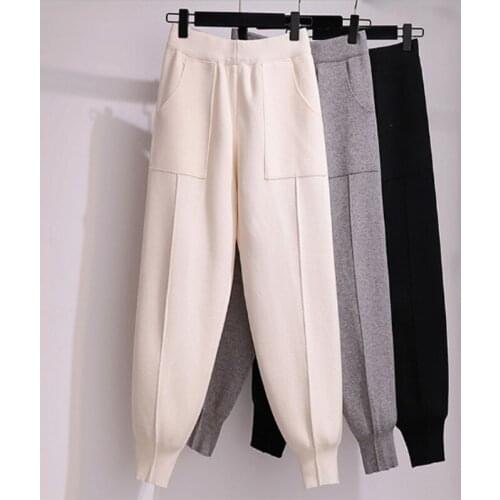 Womens Thick Knitted Harem Pants Winter Jogger Warm Pants Women Big Pockets 2021 Fashion Casual Ladies Trousers High Quality