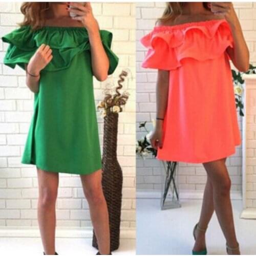 Ladies Beach Straight Dresses Female Ruffles Casual Summer Dress Women Loose Strapless Shoulder Slash Neck Mini Short Dress