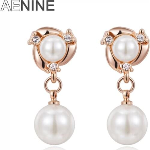 AENINE Fashion White Simulated Pearl Stud Earrings For Women Classic Rose Gold Wedding Earrings Jewelry Kolczyki L2020018215