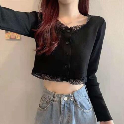 Women O-Neck Lace Stitching Navel Long Sleeve Knitted Cardigan Knitted Jacket Slim Casual Sweet Button Placket Cropped Exposed