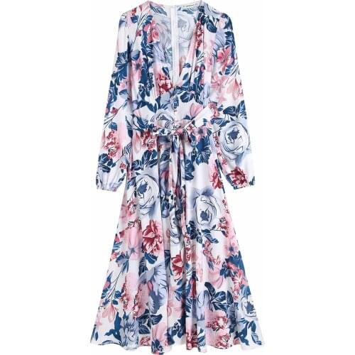 New Pop Women Floral Printed Dress V-neck Long Sleeves Maxi Dress INS style Elegant Lady Chic Long Woman Dresses