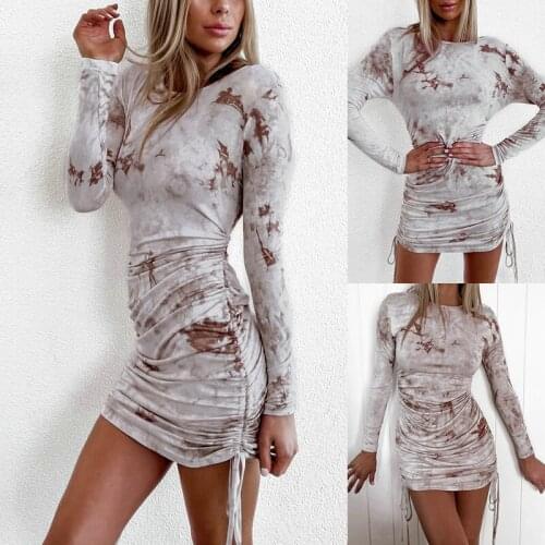 Sexy Mini Dress Women Casual O Neck Tie Dye Print Long Sleeve Shrinkage Drawstring Bodycon Dress Fashion Club Party Dress Ladies