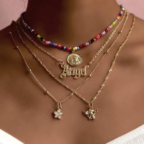 Bohemian Round Coin Pendant Beads Choker Necklace For Women Golden Multi-layer Metal Angel Letter Clavicle Chain Party Jewelry