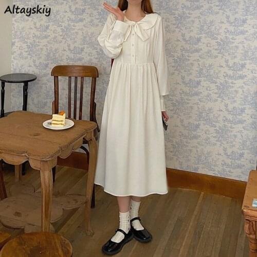 Dress Womens Long Sleeve Bow Collar 2020 New Autumn Korean Style Loose Students Harajuku All-match Sweet Ladies Vestidos Chic
