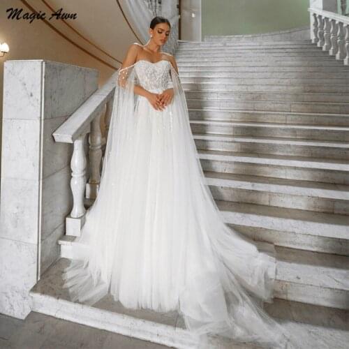 Magic Awn New White Boho Wedding Dresses Detachable Flare Sleeve Off The Shoulder Appliques Illusion Beach Mariage Gowns A-Line