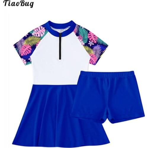 TiaoBug Summer 2Pcs Kids Girls Beach Pool Swimsuit Short Sleeves Front Zipper Knee Length Swimming Dress With Shorts Swimwear