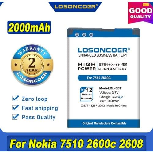 100% Original LOSONCOER 2000mAh BL-5BT BP / 5BT Battery For Nokia 7510 2600c 2608 7510A N75