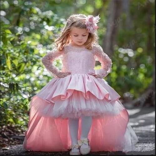 Amaya Pink Ball Gown Flower Girl Dresses for Weddings High Low Long Sleeves Lace Appliques Bow Belt Kids Prom Christmas Dresses