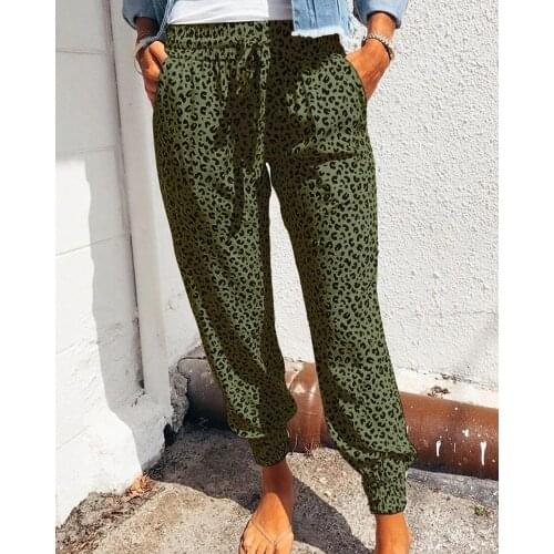 Women Leopard Printed Trousers Loose Lace-up Waist Long Pants with Pockets For Daily Summer Spring Fall Pencil Pant Streetwear