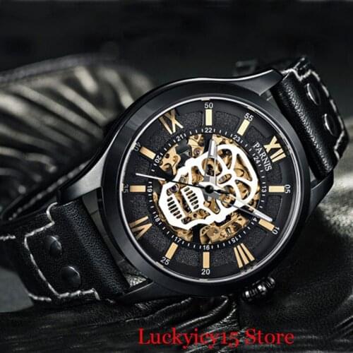 PARNIS Cool Sapphire Glass 45mm 21 Jewels Automatic Men Watch PVD Plated Case Skull Deign Dial Gold Marks