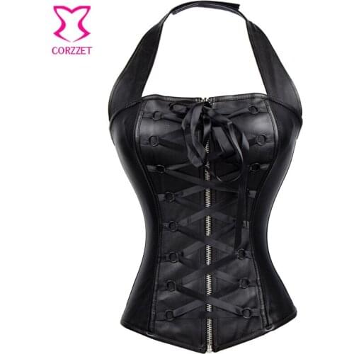 Black Leather Gothic Espartilhos E corpetes Corsets Sexy Lace Up Corset Bustier Top Women Steampunk Clothing Burlesque Costume