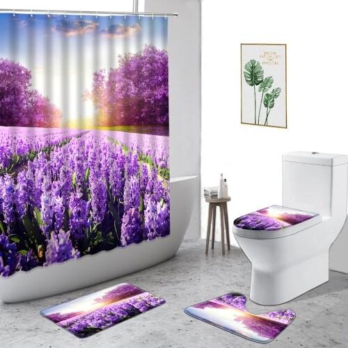 Lavender Garden Scenery Shower Curtain Purple Flower Background Bathroom Decoration Anti-Slip Carpet Toilet Cover Bath Curtains