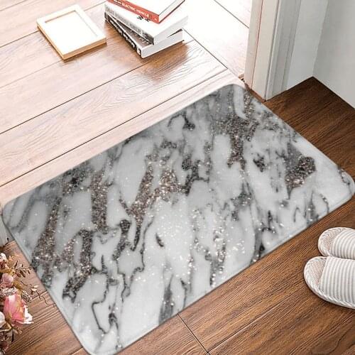 Classic White Marble Silver Glitter Glam Doormat Carpet Mat Rug Polyester Non-Slip Floor Decor Bath Bathroom Kitchen Balcony