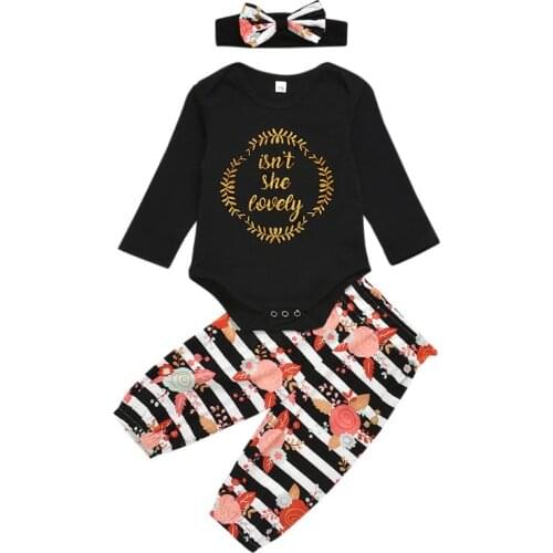 3pcs Clothes Set Baby Kids Girls Round Neck Letters Printing Long Sleeve Splicing Rompers Hairband Elastic Striped Trousers