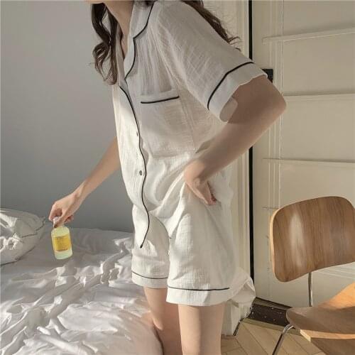 8 color women summer pajamas set solid 100% cotton sleepwear 2 piece set short sleeve top shorts home suit homewear pockets Y401