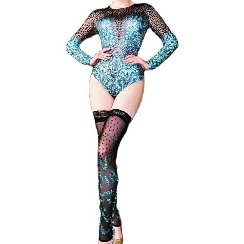 Mesh Gauze Perspective Sexy Bodysuits Stockings Sequins Rhinestones Long Sleeve Bodysuit Ladies Dance Costume Nightclub Outfit