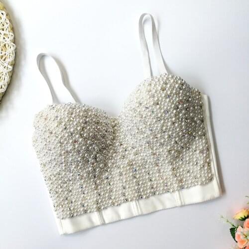 Fashion Cropped 2020 Corset Tops Women Beading Pearl Crop Top Straps Sexy Cami Stage Performance Nightclub Goth Clothing
