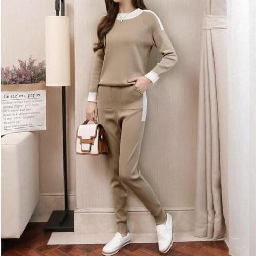 Fashion Knitted Two-Piece Suits Women Spring Long Sleeve Contrast Color Knitwear Tops And Harem Pants Casual Tracksuit Female