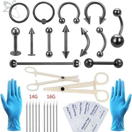 ZS Disponsable Sterile Body Piercing Kit Nose Septum Labret Lip Piercing Tools Kit Tongue Belly Navel Ear Cartilage Needle Tools