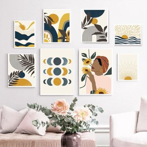Boho Girl Abstract Lines Sunrise Flower Leaves Wall Art Canvas Painting Nordic Poster And Prints Wall Pictures For Living Room