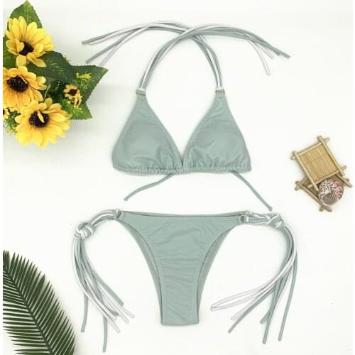 Sexy bikini two piece suit lace up style multi color optional cushion cup thong beach swimwear solid womens fashion swimwear
