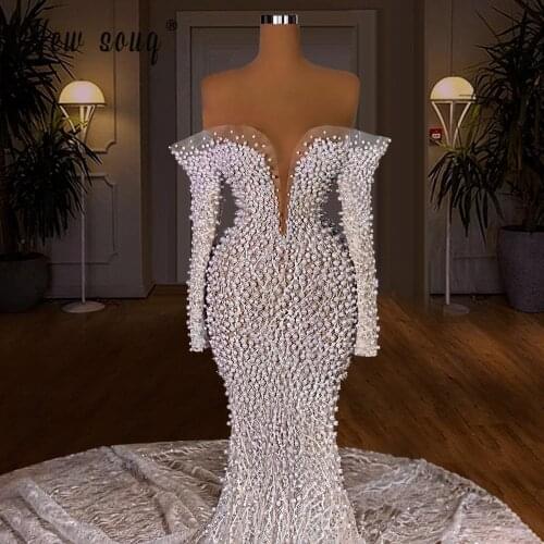 Off Shoulder Long Sleeve Mermaid Pearls Wedding Dresses V Neck Bridal Gowns Bride vestido de noiva Custom Made African