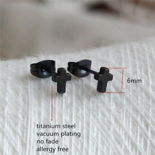 Titanium Black Cross Stud Earrings 316L Stainless Steel Jewelry Allergy Free No Fade IP Plating 6mm