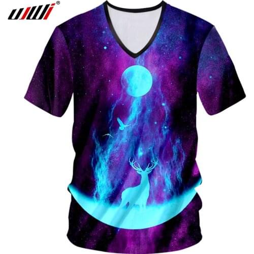UJWI Space Star Tshirts Men 3d V Neck T-shirt Print Moon Deer Casual T Shirt Hombre Hip Hop Streetwear Compression Undershirts
