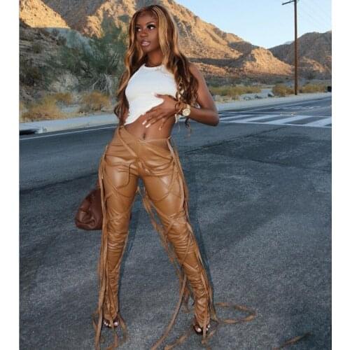 In Stock new women trousers oblique waist multi-band casual lace-up PU leather pants