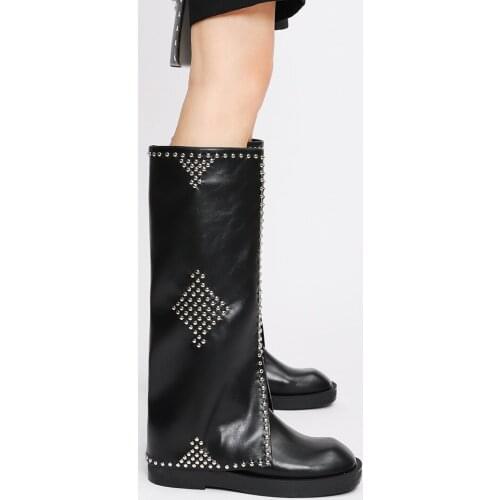 New Woman Rivets Chelsea Boots Girls Real Leather Shoes Women Platform Shoes Ladies Knee High Boots Female Brand Trouser Boots