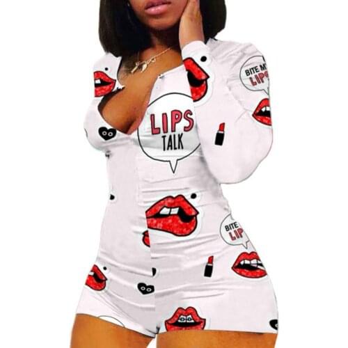 Lip Print Playsuit Women V Neck Long Sleeve Casual Pajamas Autumn Female Leotard Bodycon Jumpsuit Ladies Sexy Sleepwear Rompers