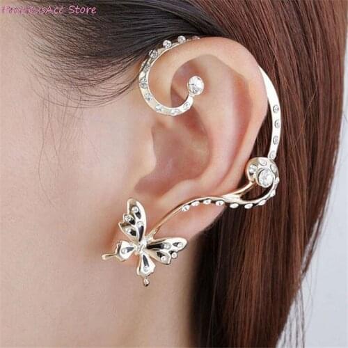 1 Pair Woman Butterfly Cuff Ear Clip on Earrings Wrap Clip Earrings Gift Rhinestone Zinc Alloy Trendy