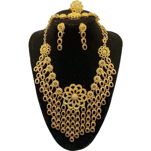 Arab African Bridal Bracelet Dubai Jewelry Sets For Women flower Gold Earrings Ring Set Necklace Wedding accessories Gift